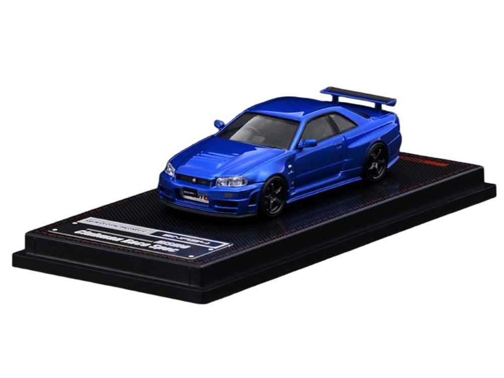 Nissan Skyline GT-R (BNR34) Nismo RHD (Right Hand Drive) Blue Metallic 1/64 Diecast Model Car by Ignition Model view 2