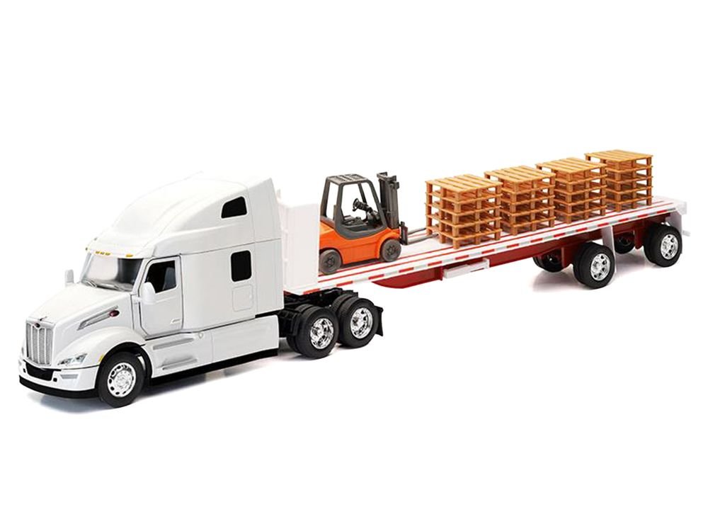 Peterbilt 579 Truck White with Flatbed Trailer White and Load of Forklift and Pallets "Long Haul Truckers" Series 1/32 Diecast Model by New Ray view 2