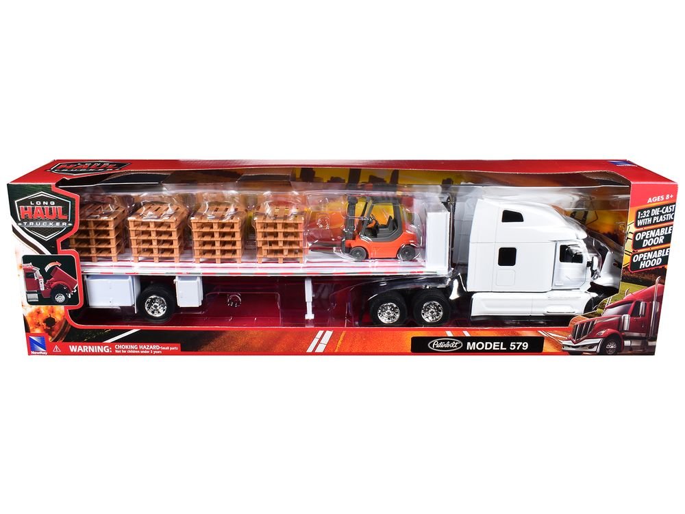 Peterbilt 579 Truck White with Flatbed Trailer White and Load of Forklift and Pallets "Long Haul Truckers" Series 1/32 Diecast Model by New Ray view 3