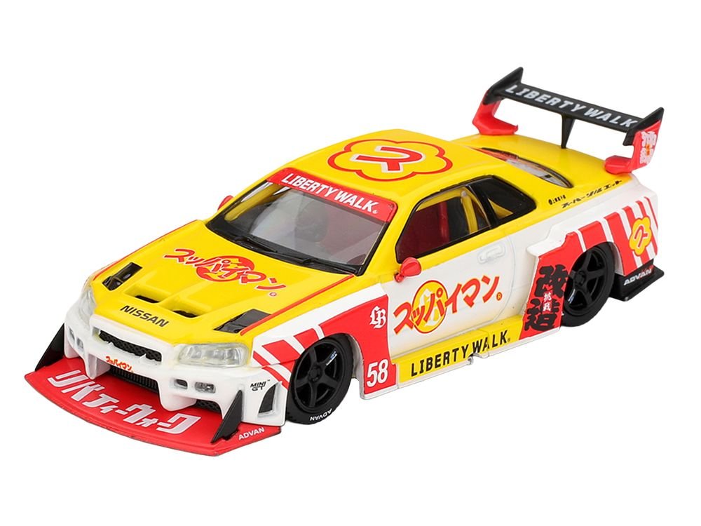 Nissan LB-ER34 Super Silhouette Skyline RHD (Right Hand Drive) #58 "Suppaiman Okinawa" Yellow and White with Graphics Limited Edition 1/64 Diecast Model Car by Mini GT view 2