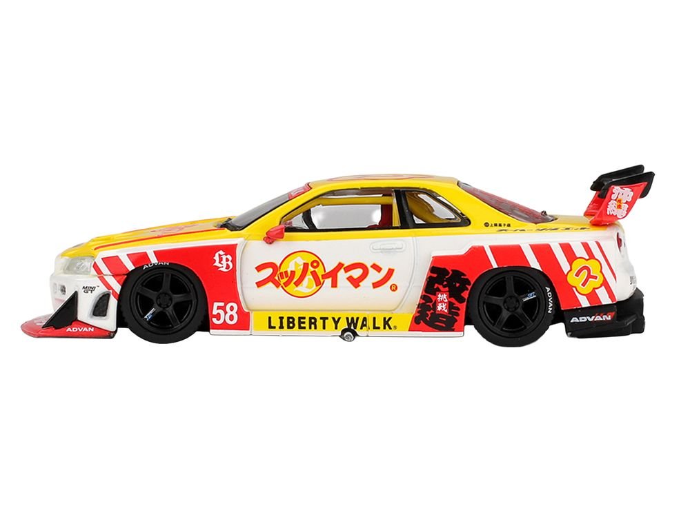Nissan LB-ER34 Super Silhouette Skyline RHD (Right Hand Drive) #58 "Suppaiman Okinawa" Yellow and White with Graphics Limited Edition 1/64 Diecast Model Car by Mini GT view 3