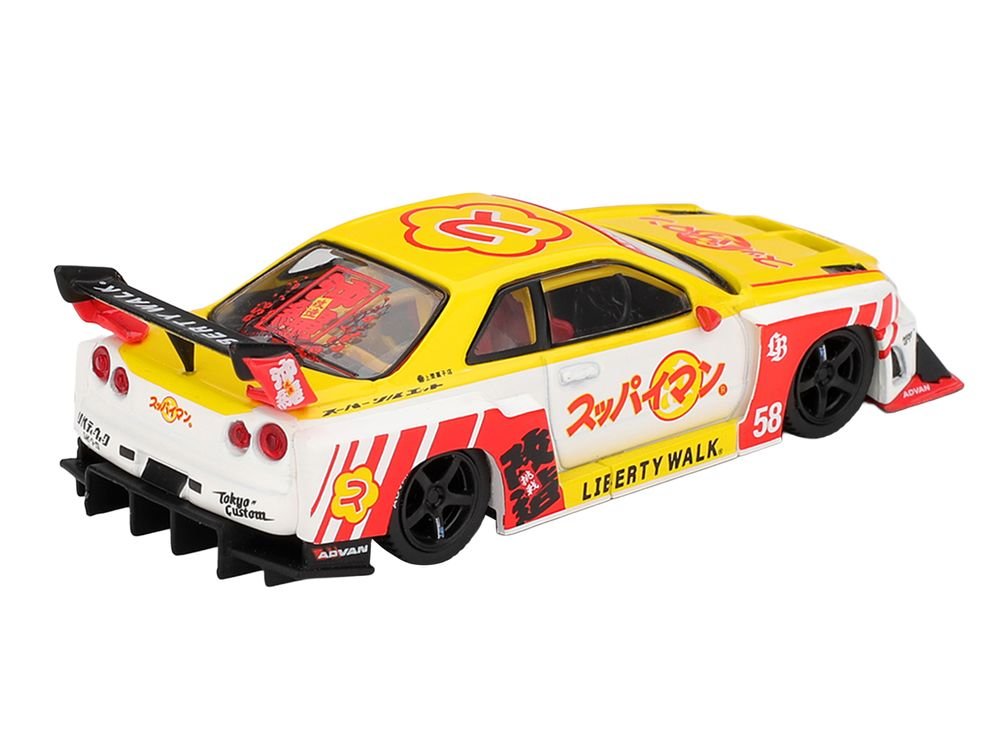 Nissan LB-ER34 Super Silhouette Skyline RHD (Right Hand Drive) #58 "Suppaiman Okinawa" Yellow and White with Graphics Limited Edition 1/64 Diecast Model Car by Mini GT view 4