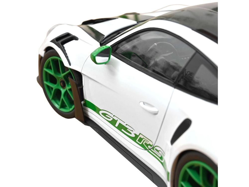 2022 Porsche 911 GT3 RS with Weissach Pack "Tribute to Carrera RS" White with Carbon Hood and Top and Python Green Stripes 1/12 Diecast Model Car by Norev view 3