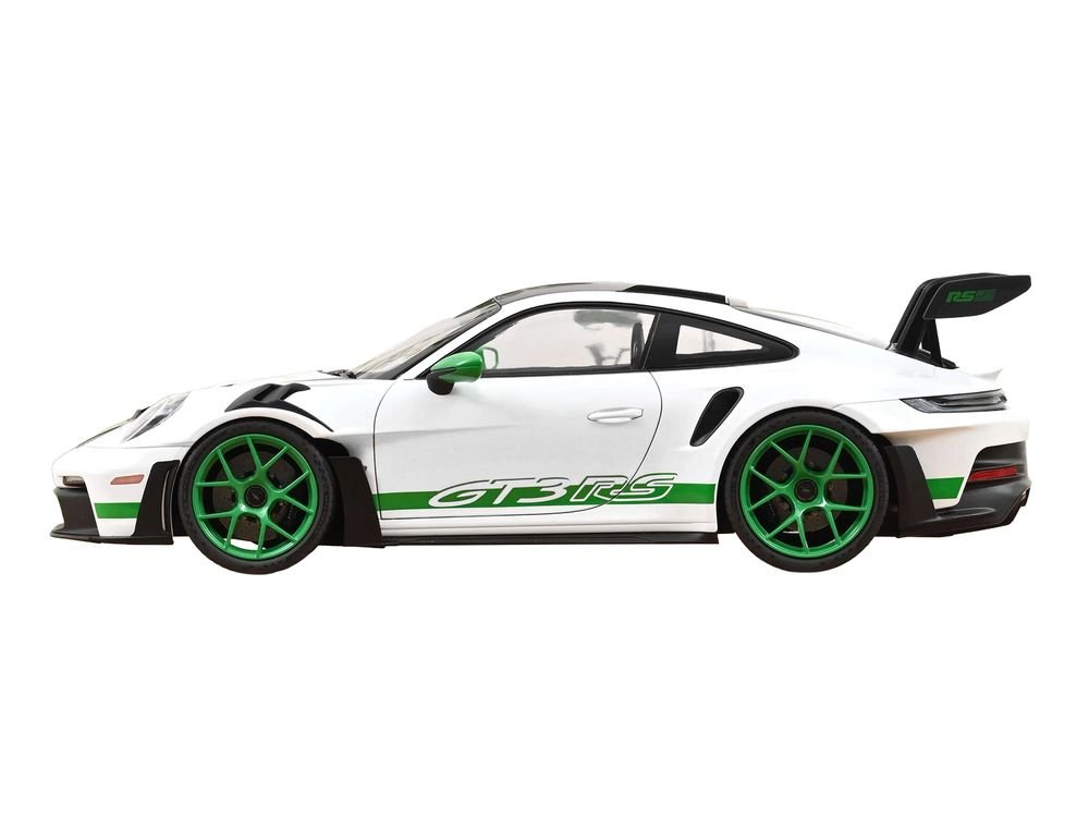 2022 Porsche 911 GT3 RS with Weissach Pack "Tribute to Carrera RS" White with Carbon Hood and Top and Python Green Stripes 1/12 Diecast Model Car by Norev view 4