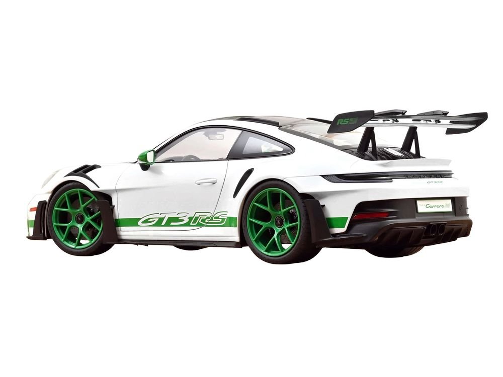 2022 Porsche 911 GT3 RS with Weissach Pack "Tribute to Carrera RS" White with Carbon Hood and Top and Python Green Stripes 1/12 Diecast Model Car by Norev view 5