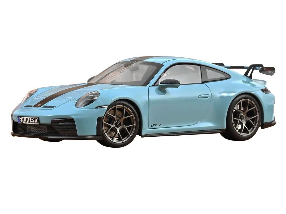2025 Porsche 911 GT3 with Weissach Pack Gulf Blue with Carbon Stripe 1/18 Diecast Model Car by Norev view 2