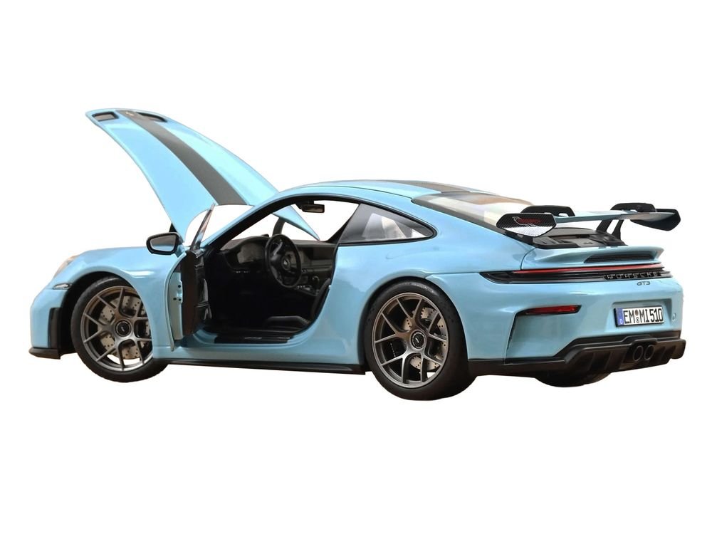 2025 Porsche 911 GT3 with Weissach Pack Gulf Blue with Carbon Stripe 1/18 Diecast Model Car by Norev view 3