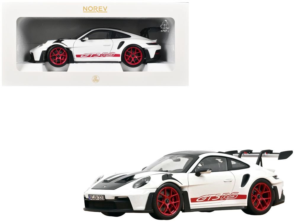 2022 Porsche 911 GT3 RS with Weissach Pack White with Carbon Hood and Top and Pyro Red Stripes and Wheels 1/18 Diecast Model Car by Norev