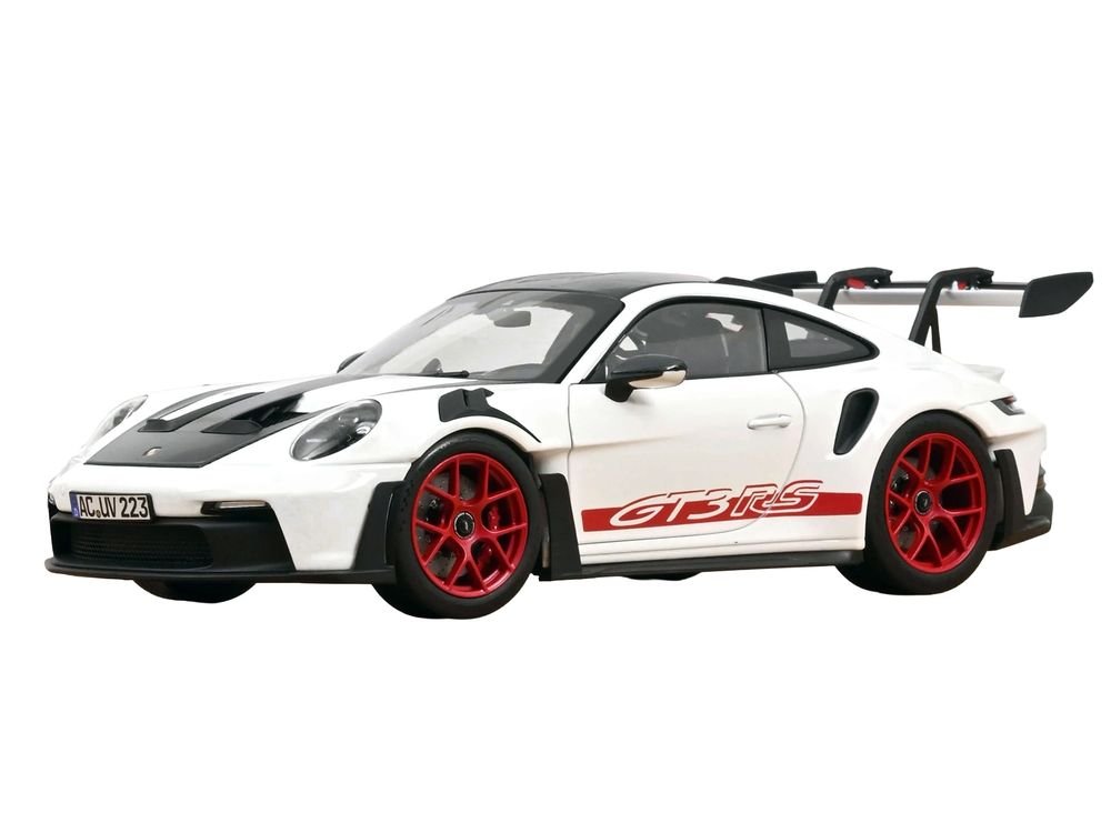 2022 Porsche 911 GT3 RS with Weissach Pack White with Carbon Hood and Top and Pyro Red Stripes and Wheels 1/18 Diecast Model Car by Norev view 2