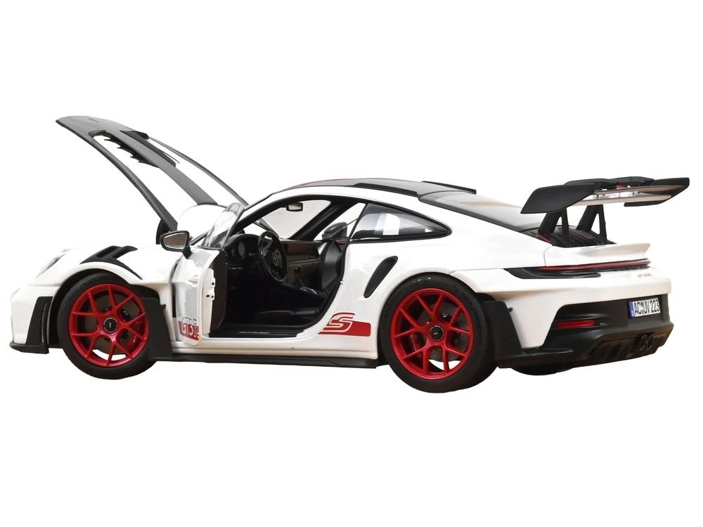 2022 Porsche 911 GT3 RS with Weissach Pack White with Carbon Hood and Top and Pyro Red Stripes and Wheels 1/18 Diecast Model Car by Norev view 3