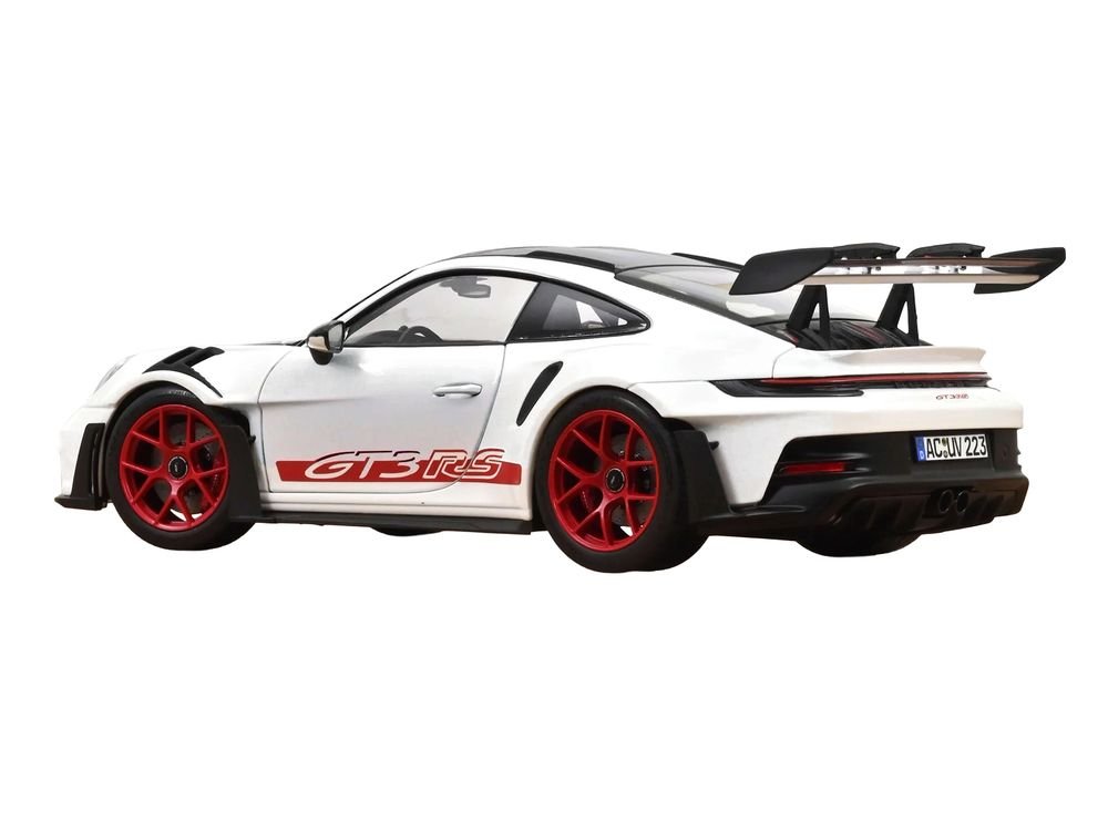 2022 Porsche 911 GT3 RS with Weissach Pack White with Carbon Hood and Top and Pyro Red Stripes and Wheels 1/18 Diecast Model Car by Norev view 4