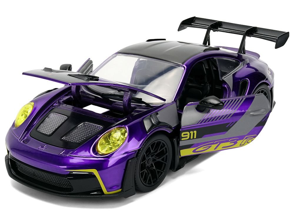 Porsche 911 GT3 RS (992) Candy Purple with Carbon Top and Hood Stripes and Graphics "AutoWorks" Series 1/24 Diecast Car Model by Jada view 2