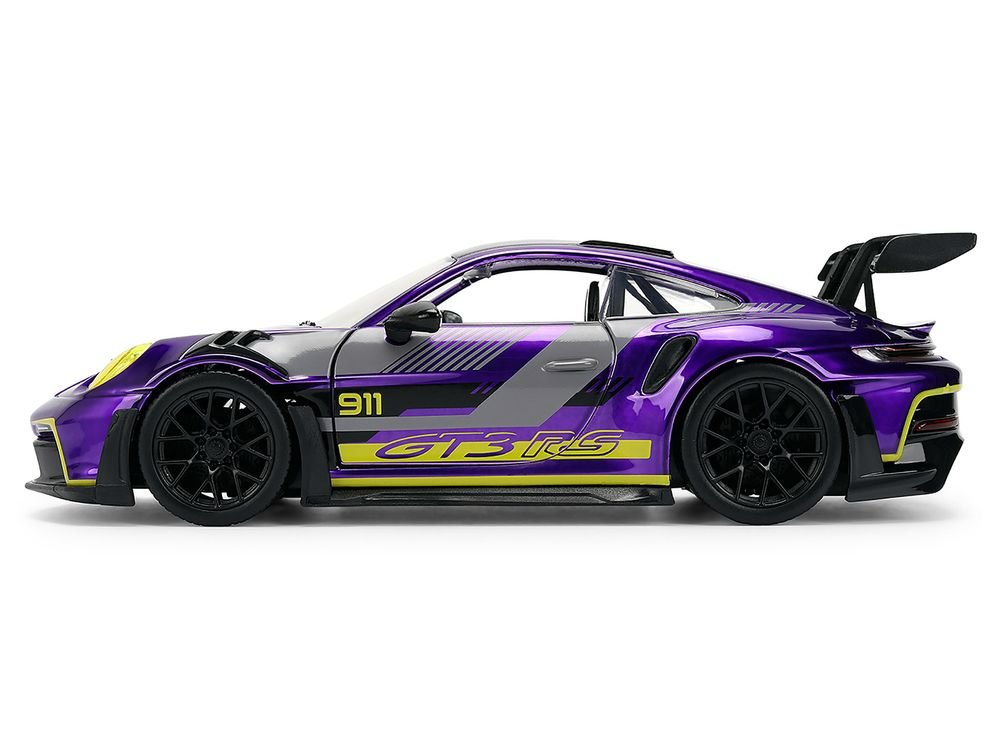 Porsche 911 GT3 RS (992) Candy Purple with Carbon Top and Hood Stripes and Graphics "AutoWorks" Series 1/24 Diecast Car Model by Jada view 3