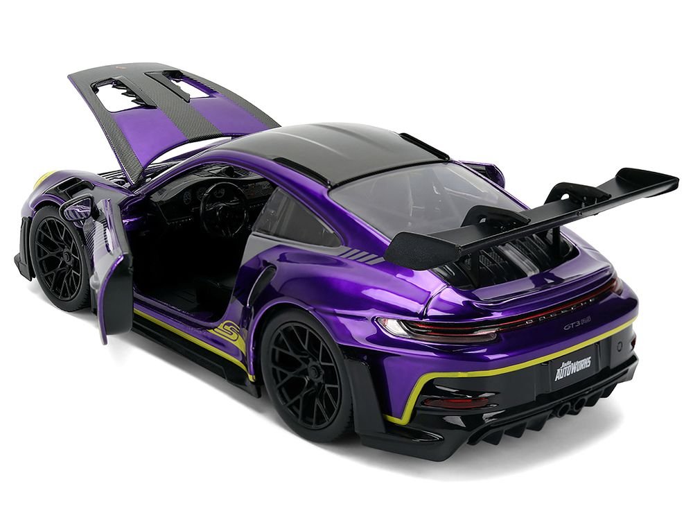 Porsche 911 GT3 RS (992) Candy Purple with Carbon Top and Hood Stripes and Graphics "AutoWorks" Series 1/24 Diecast Car Model by Jada view 4