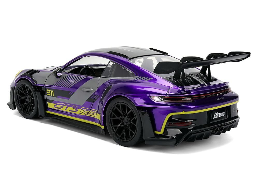 Porsche 911 GT3 RS (992) Candy Purple with Carbon Top and Hood Stripes and Graphics "AutoWorks" Series 1/24 Diecast Car Model by Jada view 5