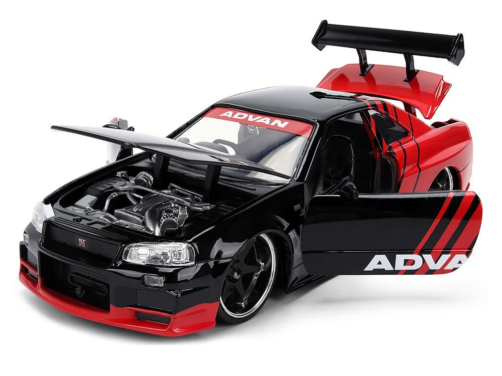 2002 Nissan Skyline GT-R (R34) RHD (Right Hand Drive) "ADVAN" Black and Red "AutoWorks" Series 1/24 Diecast Car Model by Jada view 2