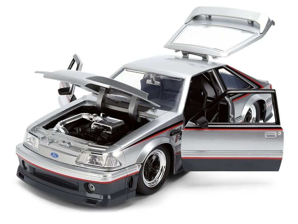 1989 Ford Mustang GT Silver Metallic and Gray with Black and Red Stripes "AutoWorks" Series 1/24 Diecast Car Model by Jada view 2