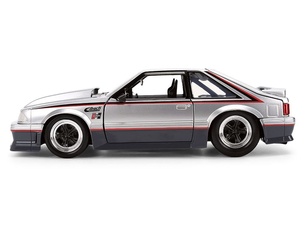 1989 Ford Mustang GT Silver Metallic and Gray with Black and Red Stripes "AutoWorks" Series 1/24 Diecast Car Model by Jada view 3