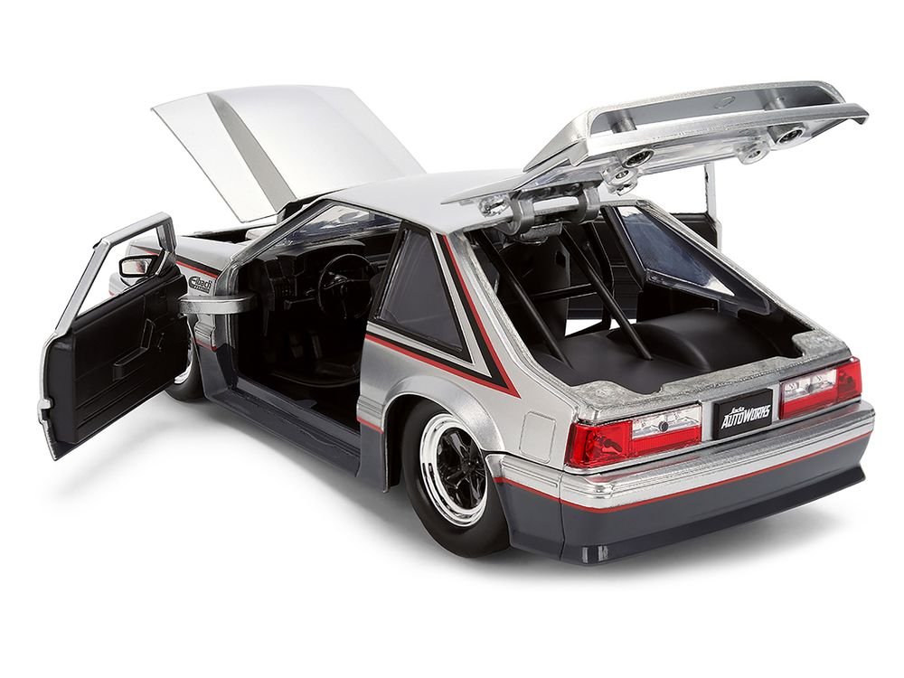 1989 Ford Mustang GT Silver Metallic and Gray with Black and Red Stripes "AutoWorks" Series 1/24 Diecast Car Model by Jada view 4