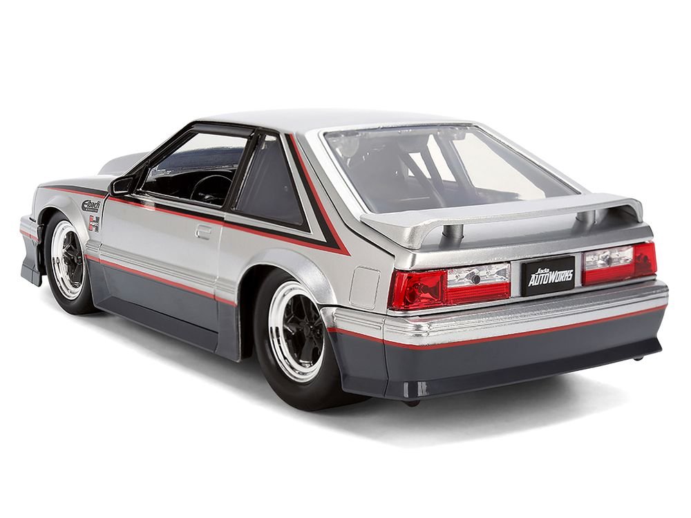 1989 Ford Mustang GT Silver Metallic and Gray with Black and Red Stripes "AutoWorks" Series 1/24 Diecast Car Model by Jada view 5