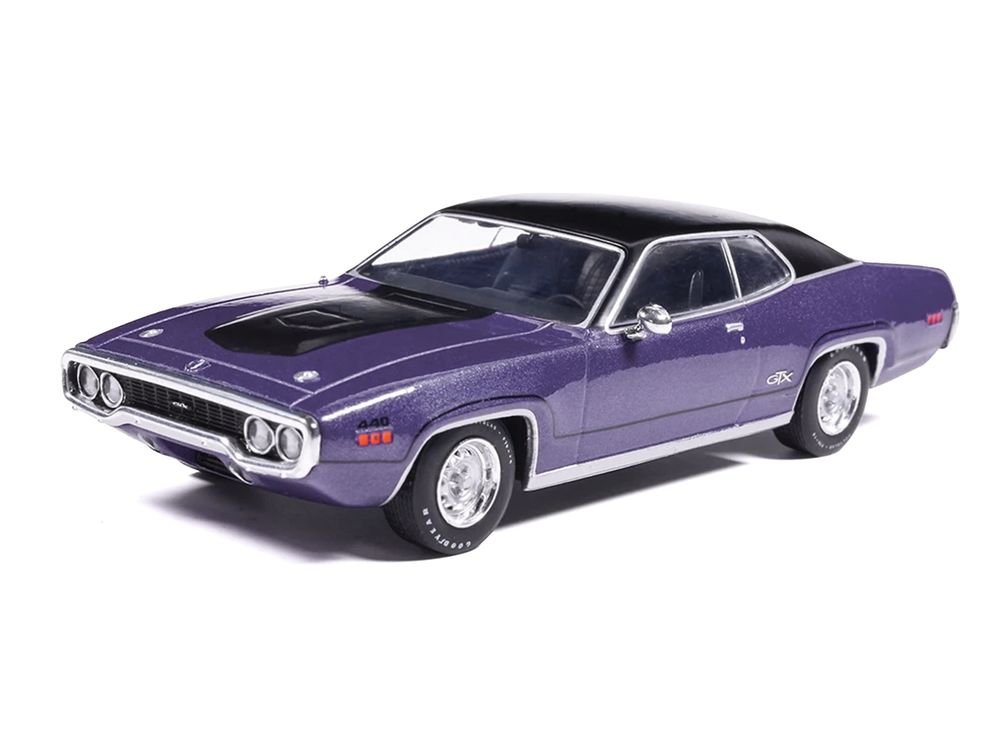 1971 Plymouth GTX Purple Metallic with Black Vinyl Top and Black Hood Stripe 1/43 Diecast Model Car by IXO Models view 2