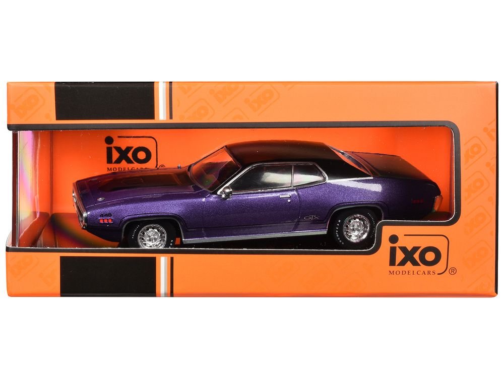 1971 Plymouth GTX Purple Metallic with Black Vinyl Top and Black Hood Stripe 1/43 Diecast Model Car by IXO Models view 3