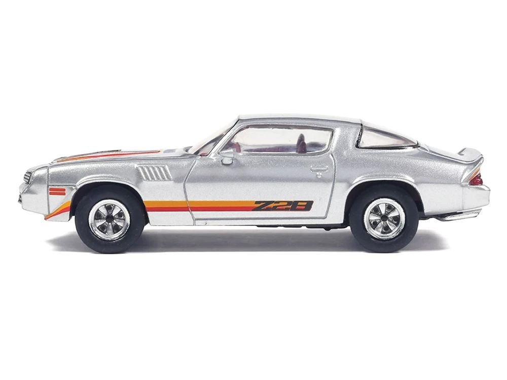 1979 Chevrolet Camaro Z28 Silver Metallic with Stripes and Red Interior 1/64 Diecast Model Car by IXO Models view 2