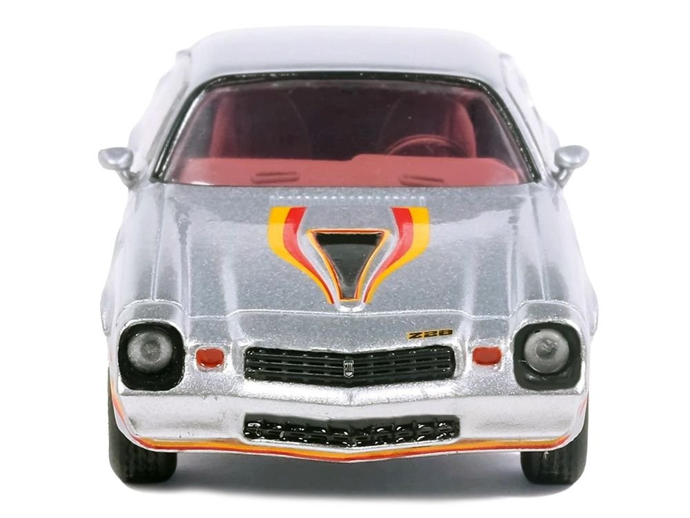1979 Chevrolet Camaro Z28 Silver Metallic with Stripes and Red Interior 1/64 Diecast Model Car by IXO Models view 4