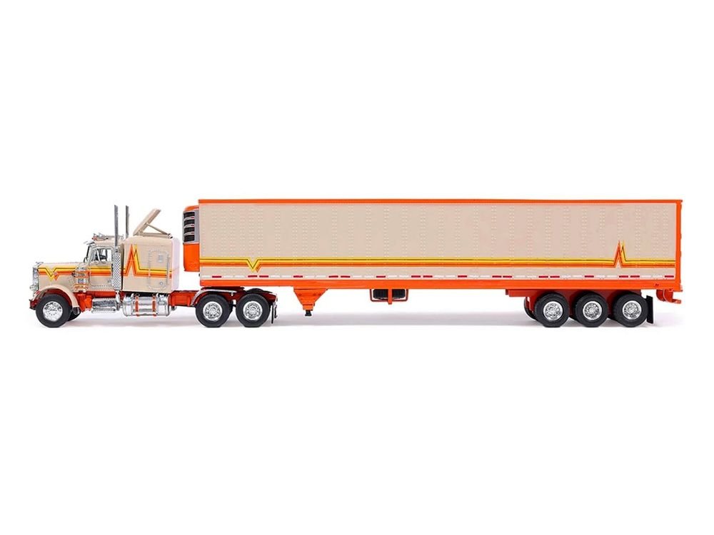 1973 Peterbilt 359 Truck Tractor with Sleeper Cab Cream with Orange and Yellow Stripes and Refrigerate Modern Trailer 1/64 Diecast Model Car by IXO Models view 2