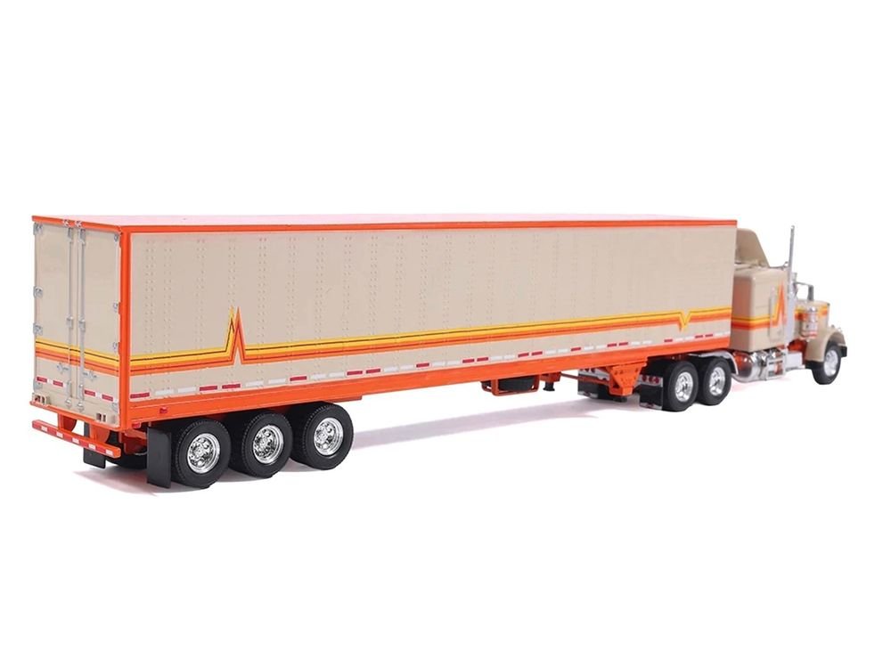 1973 Peterbilt 359 Truck Tractor with Sleeper Cab Cream with Orange and Yellow Stripes and Refrigerate Modern Trailer 1/64 Diecast Model Car by IXO Models view 3