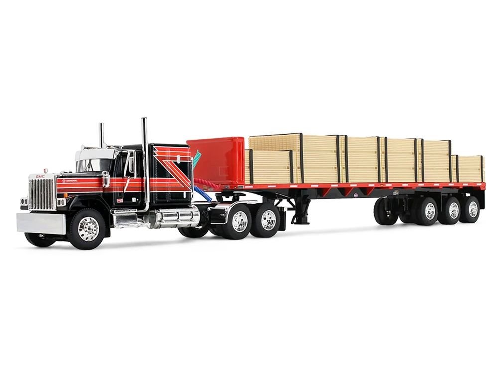 GMC General with 60" Flat Top Sleeper & 48' Utility Flatbed Trailer with Lumber Load Black with Red Stripes 1/64 Diecast Model by First Gear view 2