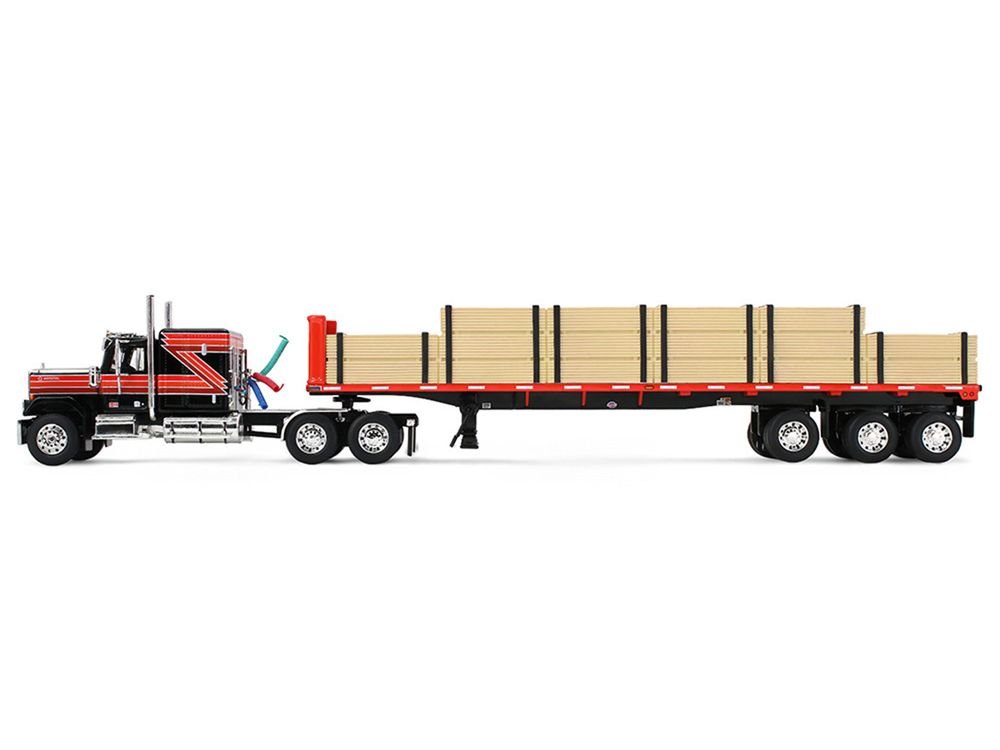 GMC General with 60" Flat Top Sleeper & 48' Utility Flatbed Trailer with Lumber Load Black with Red Stripes 1/64 Diecast Model by First Gear view 3