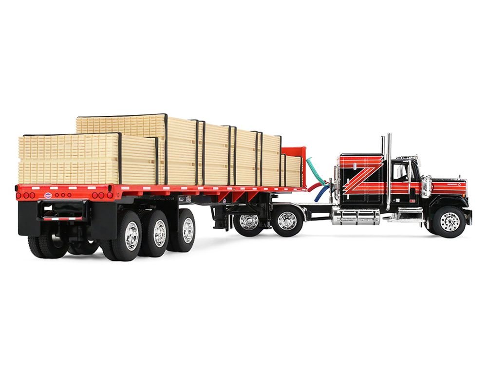 GMC General with 60" Flat Top Sleeper & 48' Utility Flatbed Trailer with Lumber Load Black with Red Stripes 1/64 Diecast Model by First Gear view 4