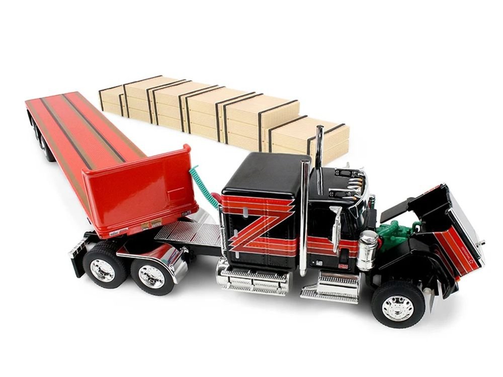 GMC General with 60" Flat Top Sleeper & 48' Utility Flatbed Trailer with Lumber Load Black with Red Stripes 1/64 Diecast Model by First Gear view 5