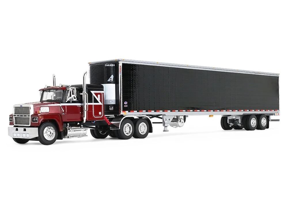 Ford LTL 9000 with 48" Flat Top Sleeper and 53' Utility Trailer with Reefer Volcano Red and Black 1/64 Diecast Model by First Gear view 2
