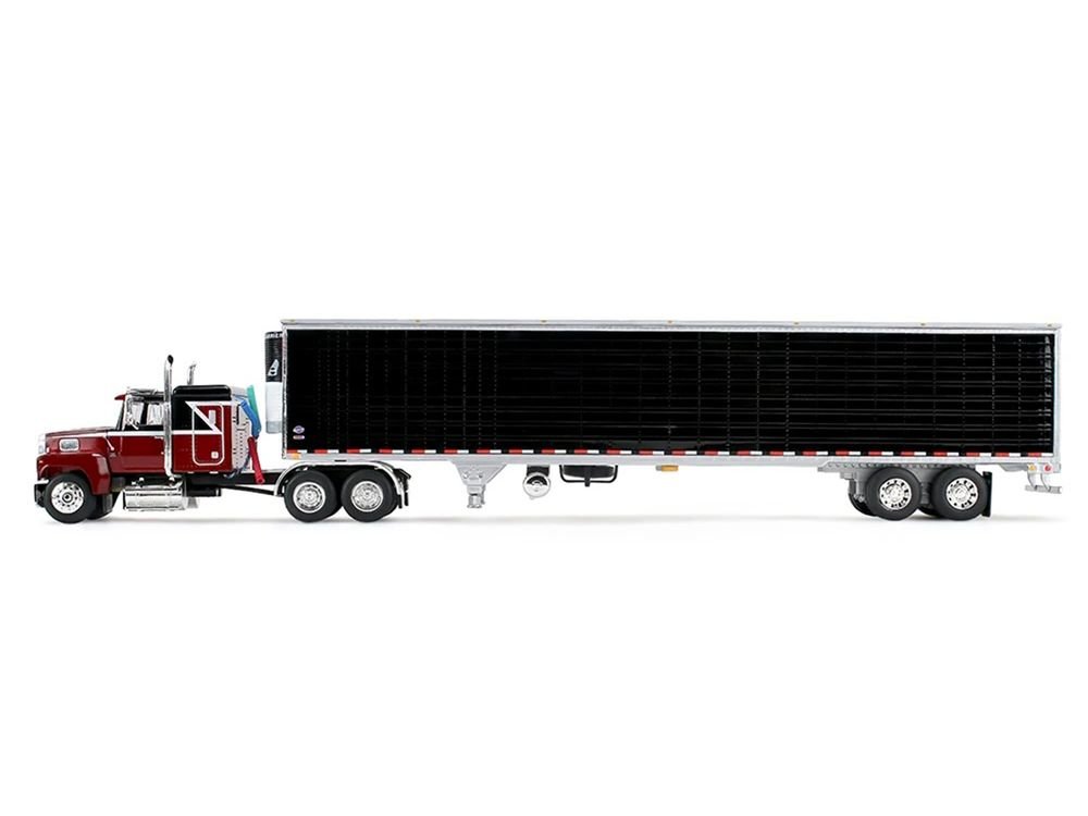 Ford LTL 9000 with 48" Flat Top Sleeper and 53' Utility Trailer with Reefer Volcano Red and Black 1/64 Diecast Model by First Gear view 3