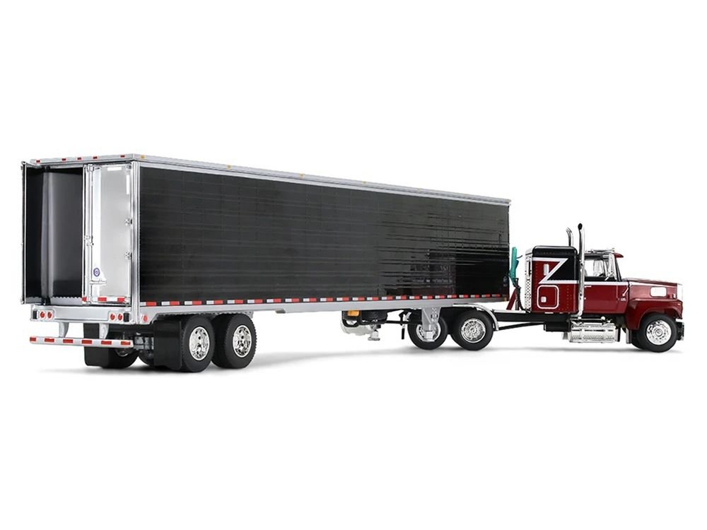 Ford LTL 9000 with 48" Flat Top Sleeper and 53' Utility Trailer with Reefer Volcano Red and Black 1/64 Diecast Model by First Gear view 4