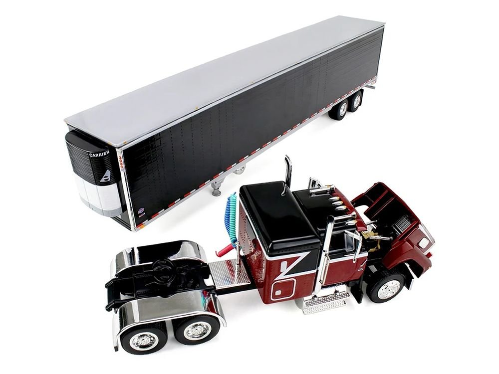 Ford LTL 9000 with 48" Flat Top Sleeper and 53' Utility Trailer with Reefer Volcano Red and Black 1/64 Diecast Model by First Gear view 5