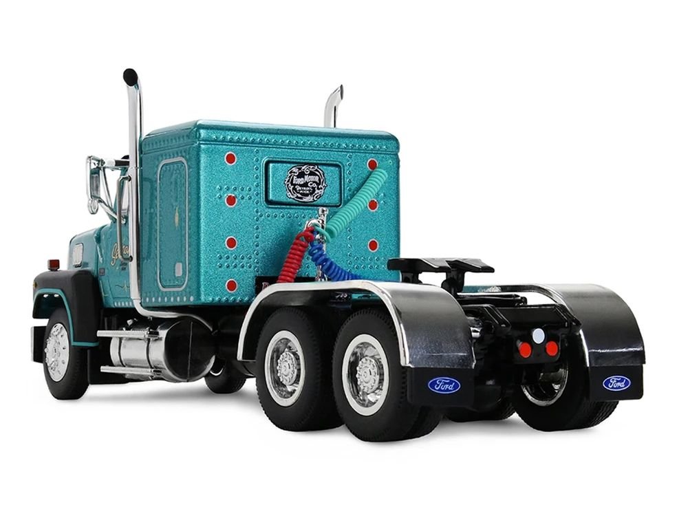 Ford LTL 9000 with 48" Flat Top Sleeper and 53' Utility Trailer with Reefer "Red’s Favorites - Tom Sercombe" Turquoise Metallic 1/64 Diecast Model by First Gear view 4