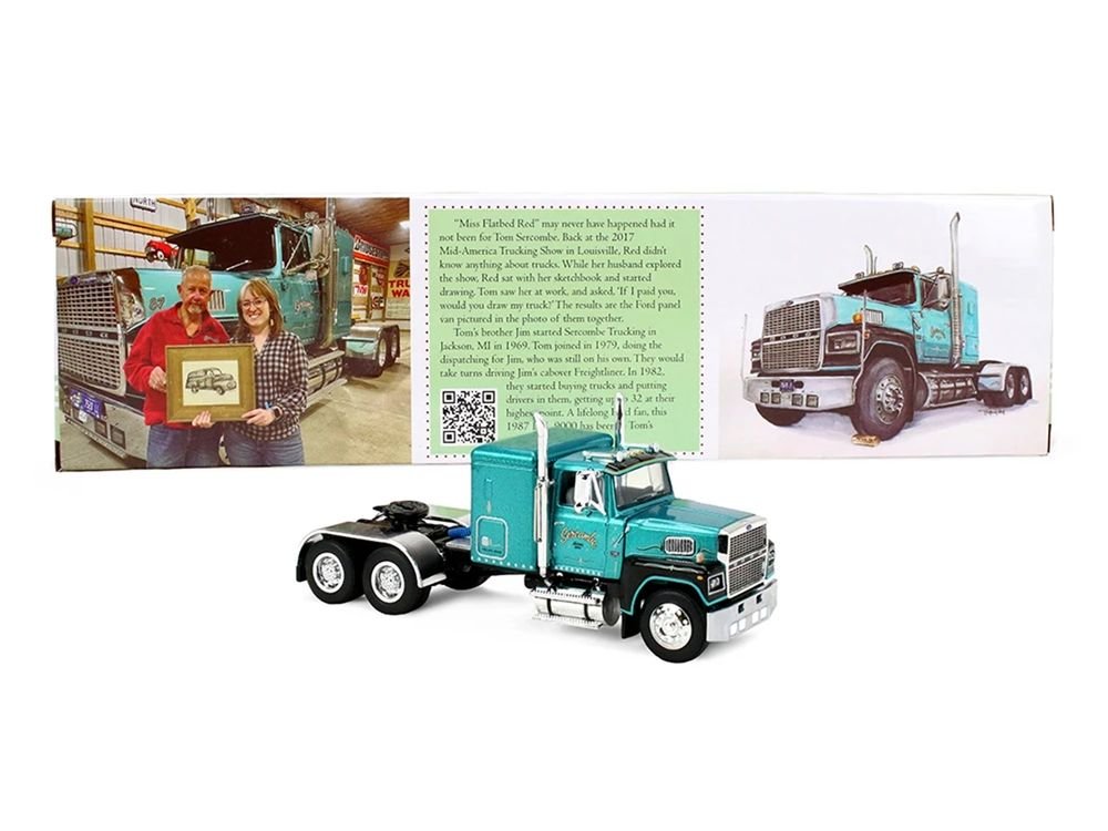 Ford LTL 9000 with 48" Flat Top Sleeper and 53' Utility Trailer with Reefer "Red’s Favorites - Tom Sercombe" Turquoise Metallic 1/64 Diecast Model by First Gear view 5