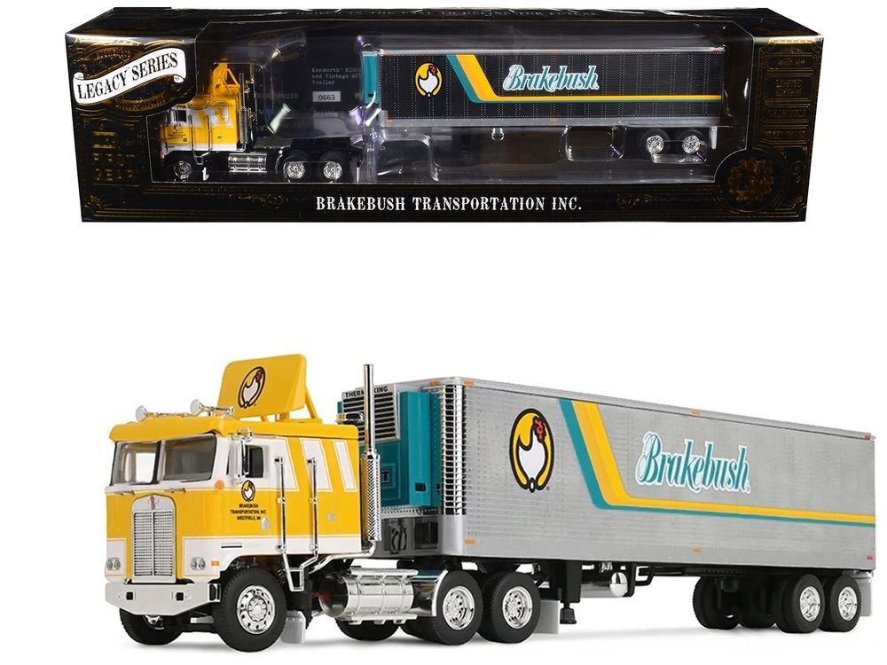 Kenworth K100 COE Flat Top and 40' Vintage Trailer with Reefer "Brakebush" Yellow with White Grpahics "Legacy Series #6" 1/64 Diecast Model by First Gear