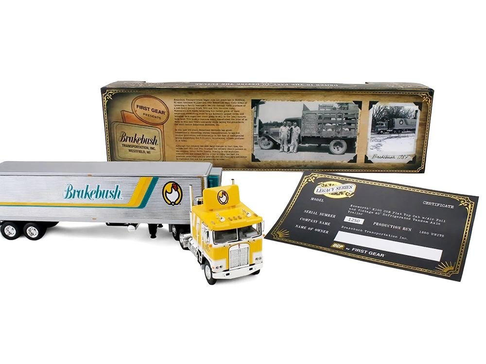 Kenworth K100 COE Flat Top and 40' Vintage Trailer with Reefer "Brakebush" Yellow with White Grpahics "Legacy Series #6" 1/64 Diecast Model by First Gear view 2