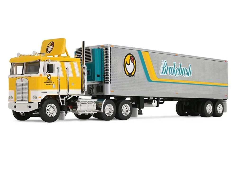 Kenworth K100 COE Flat Top and 40' Vintage Trailer with Reefer "Brakebush" Yellow with White Grpahics "Legacy Series #6" 1/64 Diecast Model by First Gear view 3