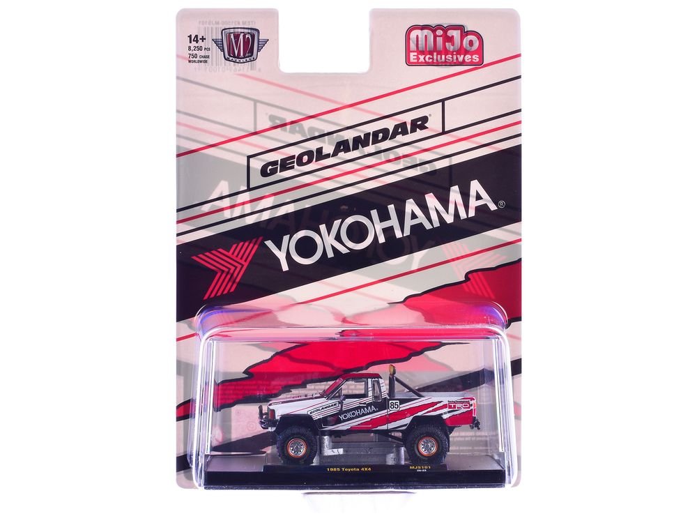 1985 Toyota SR5 4×4 Pickup Truck #85 "Yokohama" White with Black Top and Red and Black Graphics Limited Edition to 8250 pieces Worldwide 1/64 Diecast Model Car by M2 Machines view 3