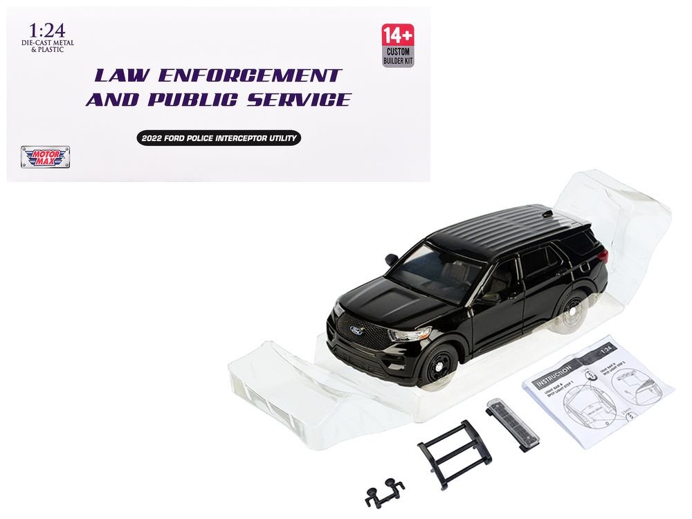 2022 Ford Police Interceptor Utility Unmarked Black "Builder's Kit" "Law Enforcement and Public Service" Series 1/24 Diecast Model Car by Motormax