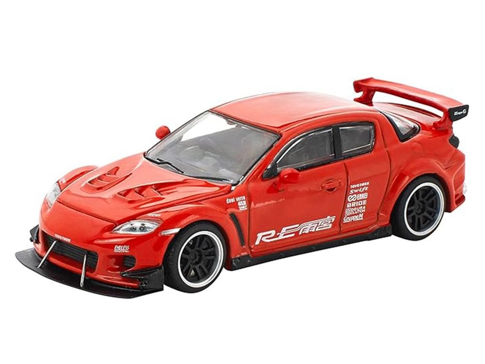 Mazda RX-8 RE-Amemiya RHD (Right Hand Drive) Red with Graphics "Enigma Exclusive Edition" 1/64 Die Cast Model Car by Pop Race view 2