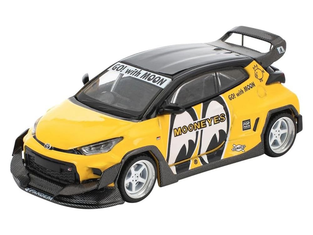 Pandem GR Yaris RHD (Right Hand Drive) "MoonEyes" Yellow with Black Top and Graphics "Enigma Exclusive Edition 1/64 Die Cast Model Car by Pop Race view 2