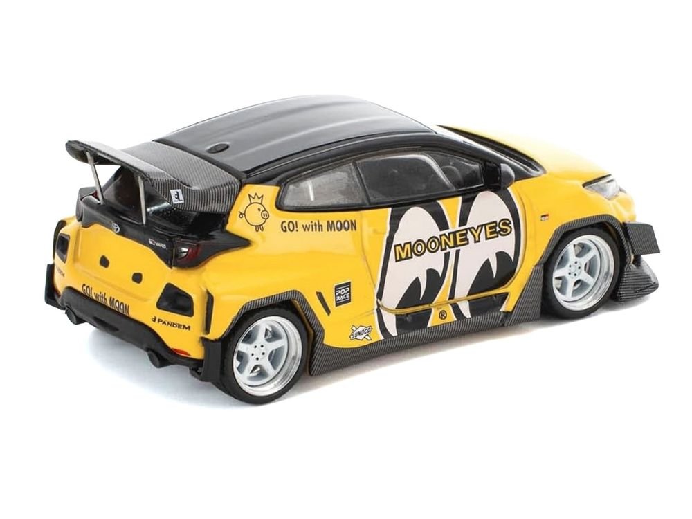 Pandem GR Yaris RHD (Right Hand Drive) "MoonEyes" Yellow with Black Top and Graphics "Enigma Exclusive Edition 1/64 Die Cast Model Car by Pop Race view 3