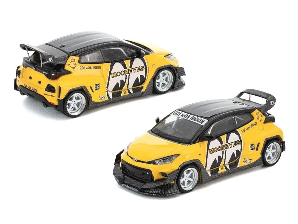 Pandem GR Yaris RHD (Right Hand Drive) "MoonEyes" Yellow with Black Top and Graphics "Enigma Exclusive Edition 1/64 Die Cast Model Car by Pop Race view 4