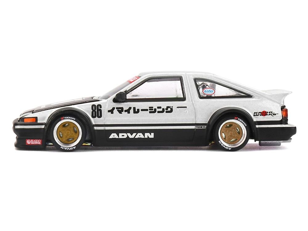 Toyota AE86 Sprinter Trueno RHD (Right Hand Drive) #86 "Kaido Street V2" Silver Metallic and Black with Carbon Hood and Graphics (Designed by Jun Imai) "Kaido House" 1/64 Die Cast Model Car by Mini GT view 2